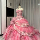 Pink Floral Beaded Long Tulle Ball Gown 16th Birthday Dress Quinceanera Dress gh4736
