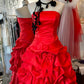 Robe rouge rétro : taille en satin, jupe évasée, robe de soirée haut de gamme gh6577