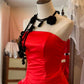 Robe rouge rétro : taille en satin, jupe évasée, robe de soirée haut de gamme gh6577