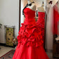 Robe rouge rétro : taille en satin, jupe évasée, robe de soirée haut de gamme gh6577