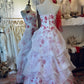 Red & White Floral Bandeau Ball Gown: 3D Flower Decoration, Layered Skirt, Retro Tea Party Gown gh6575