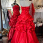 Robe rouge rétro : taille en satin, jupe évasée, robe de soirée haut de gamme gh6577