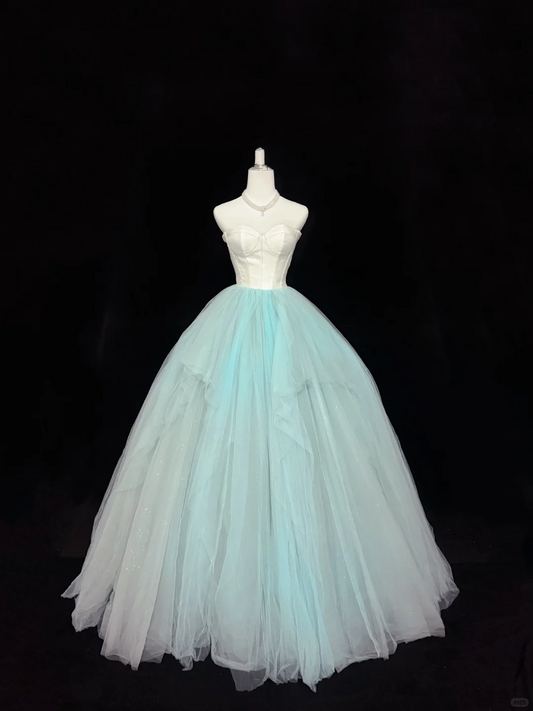 White Satin Strapless Cinched Waist Mint Green Voluminous Skirt Long Romantic Dress, Wedding Gown gh7933
