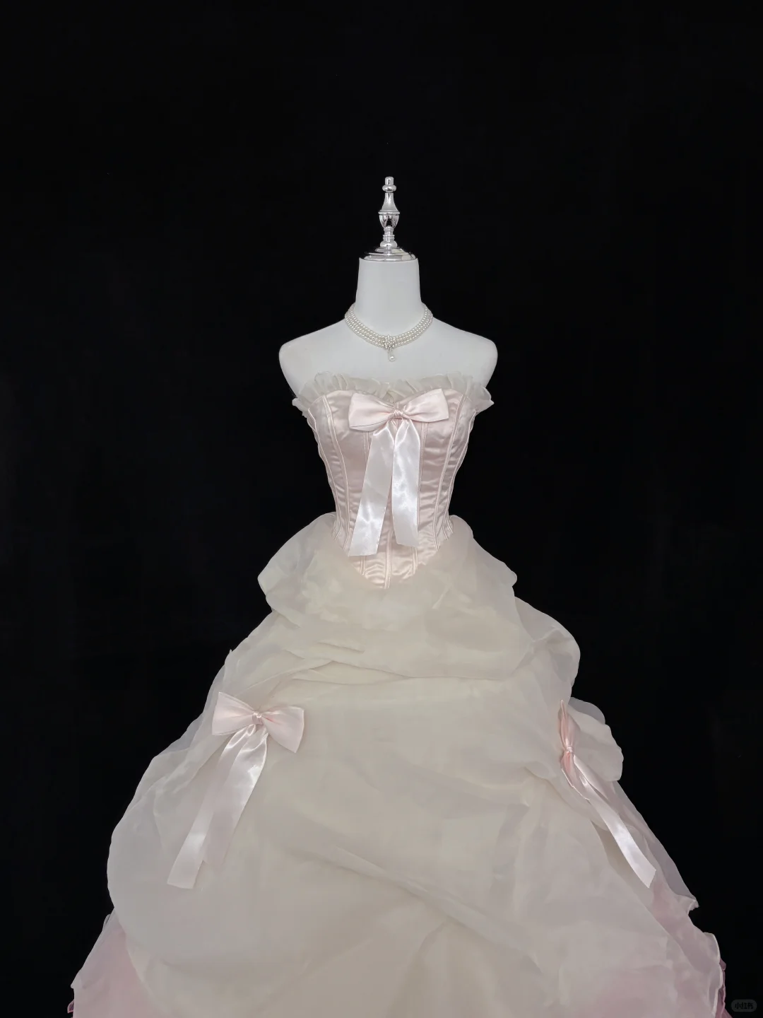 Blush Pink Bow Strapless Cinched Waist Voluminous Layered Princess Skirt Long Romantic Dress, Wedding Gown gh7973