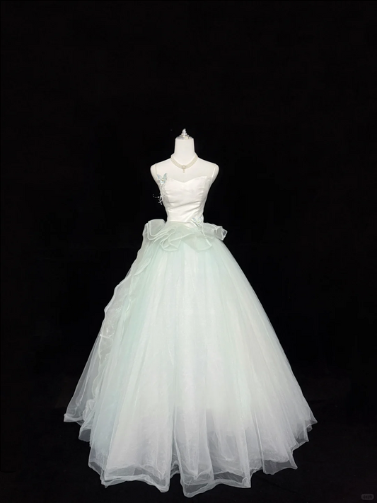 Light Green Spaghetti Strap Cinched Waist Voluminous Skirt Long Romantic Dress, Wedding Gown gh7885