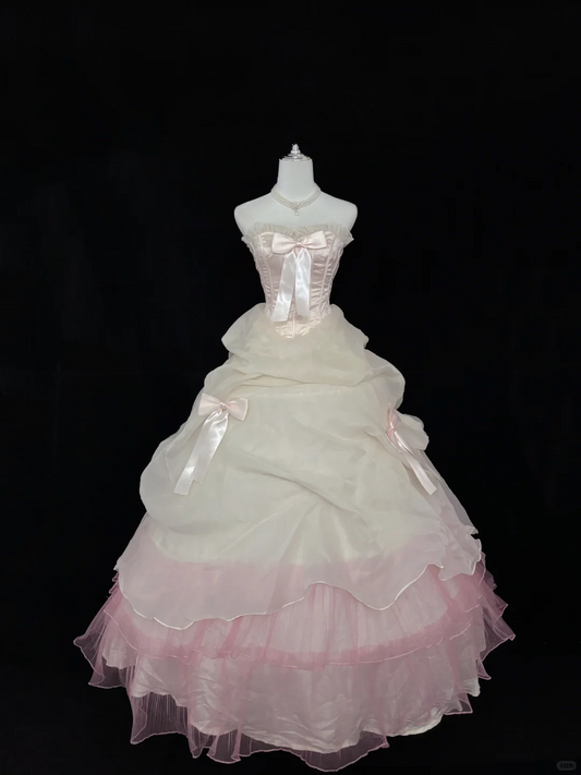 Blush Pink Bow Strapless Cinched Waist Voluminous Layered Princess Skirt Long Romantic Dress, Wedding Gown gh7973