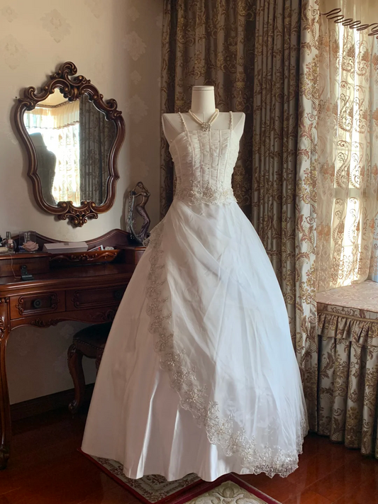 White Spaghetti Strap Waist-Cinched Voluminous Skirt Prom Dress, Evening Ball Gown, Birthday Party Gown gh7283