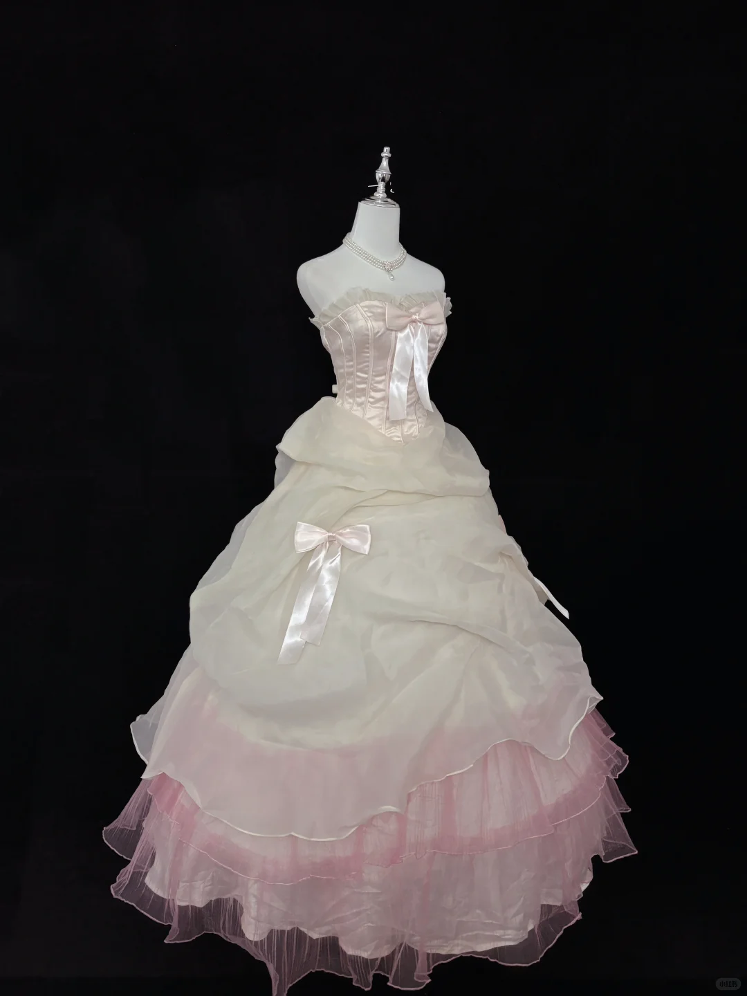 Blush Pink Bow Strapless Cinched Waist Voluminous Layered Princess Skirt Long Romantic Dress, Wedding Gown gh7973