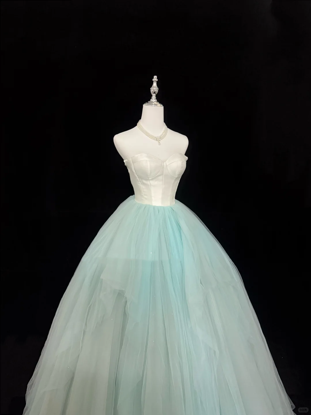 White Satin Strapless Cinched Waist Mint Green Voluminous Skirt Long Romantic Dress, Wedding Gown gh7933