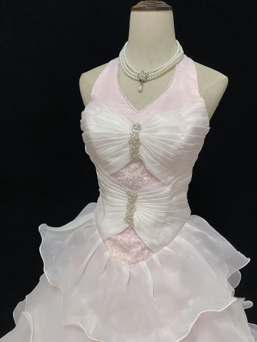 Blush Pink Halter Long Romantic Gown, Cinched Waist, Voluminous Tiered Cake Skirt, Wedding Dress & Bridal Gown gh8153