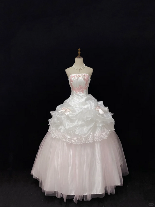 Blush Pink Strapless Vintage Romantic Gown with Cinched Waist & Voluminous Princess Skirt, Wedding Dress gh8108