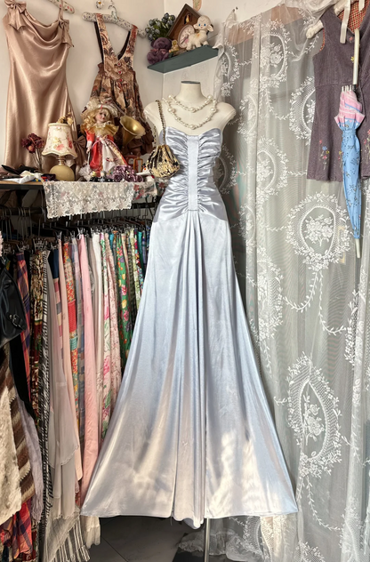 Satin Silver Gray Blue Strapless Elegant Full Skirt Prom Dress, Formal Evening Gown gh7210