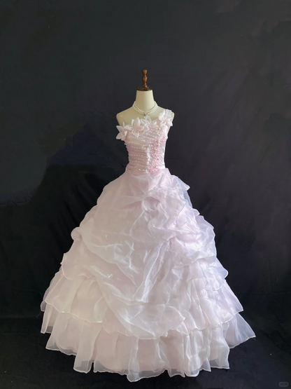 Blush pink one-shoulder romantic gown adorned with floral details, fitted waist and voluminous princess skirt, wedding dress & bridal gown gh8238