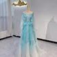Light Blue Gradient Waist-Cinched Fitted Long Evening Dress, Fairy Gown, Romantic Gown gh7401