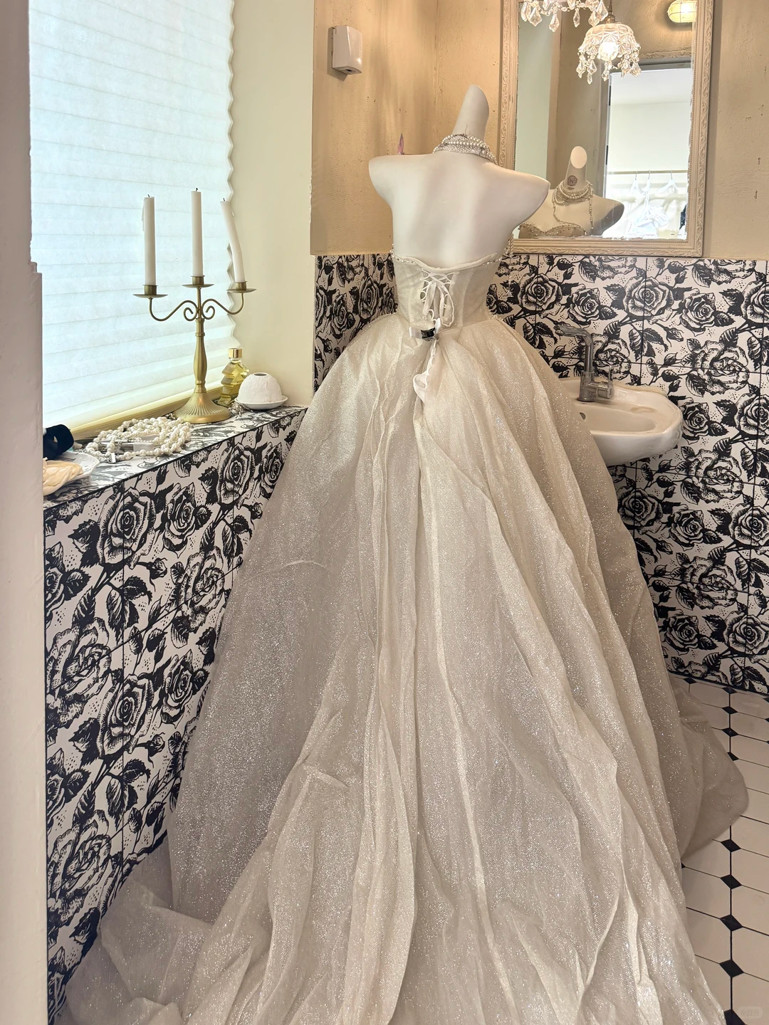 Beige Strapless Waist-Cinched Sequin & Bead Elegant Full Flared Romantic Dress, Wedding Gown gh7515