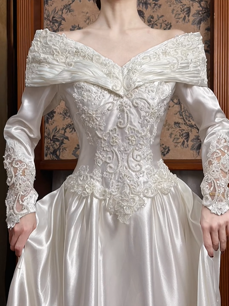 White Vintage Satin Wedding Gown, Off‑the‑Shoulder Fold‑Over V‑Neck, Long Satin Sleeves With Lace Cuffs, Exquisite Lace Appliqué Waist, A‑Line Satin Long Train With Scalloped Lace Hem, Prom Dress gh8652