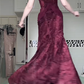 Burgundy Halter V‑Neck Long Evening Gown, Burnout Floral Velvet High‑Low Mermaid Formal Prom Dress gh9047