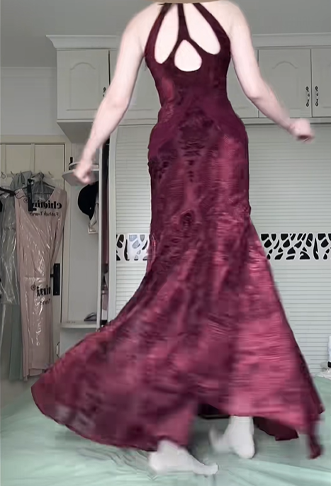 Burgundy Halter V‑Neck Long Evening Gown, Burnout Floral Velvet High‑Low Mermaid Formal Prom Dress gh9047