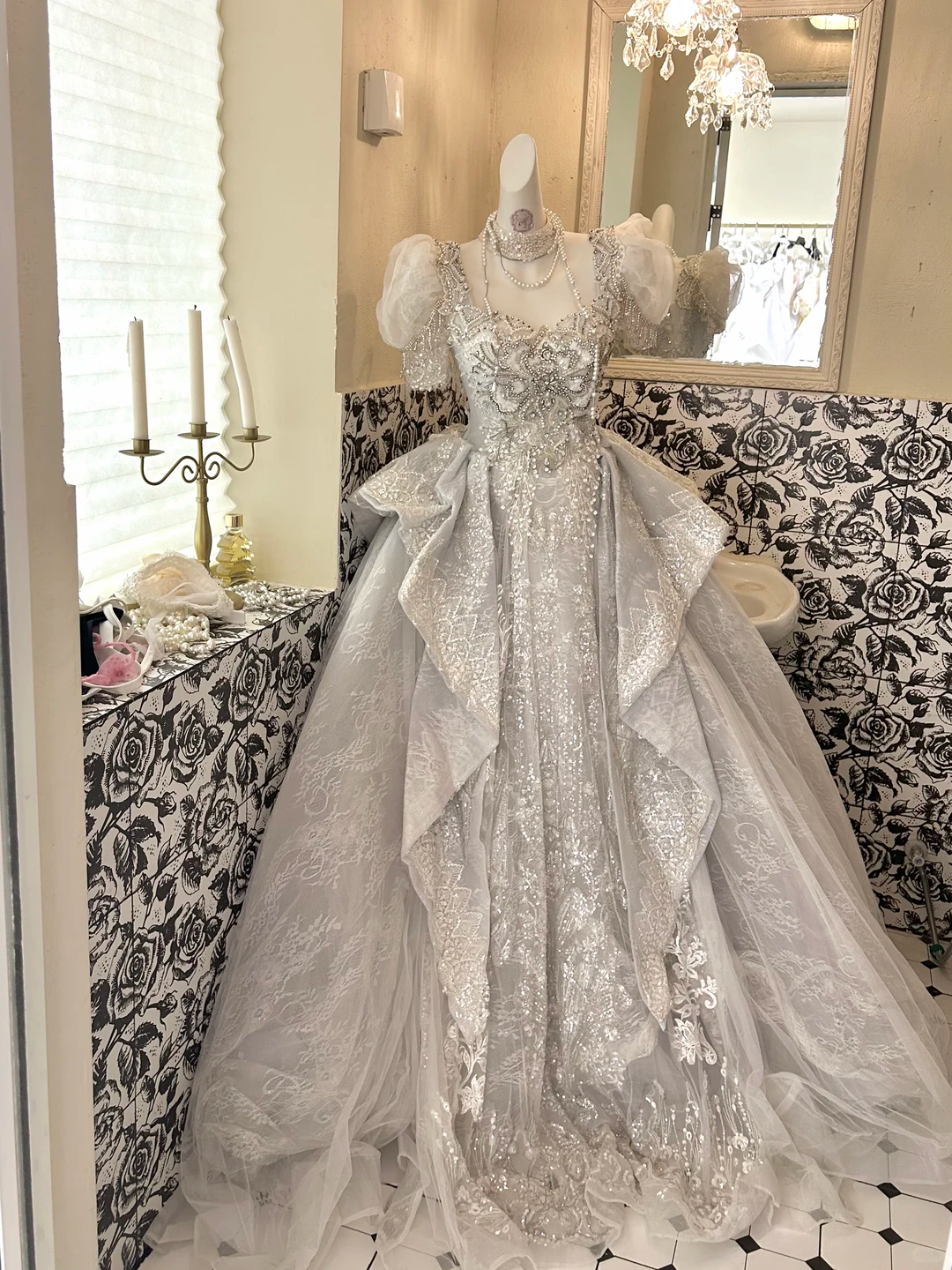 Silver Gray Puff Sleeve Waist-Cinched Voluminous Princess Skirt Long Romantic Dress, Wedding Gown gh7705