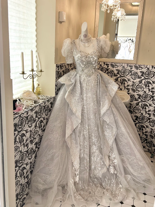 Silver Gray Puff Sleeve Waist-Cinched Voluminous Princess Skirt Long Romantic Dress, Wedding Gown gh7705