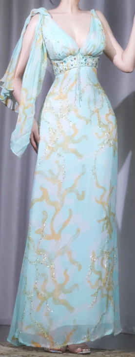 ✨Girlhomeshops-Light Mint Green V Neck Long Prom Gown Shoulder Bow Sash Coral Print Beaded Waist Chiffon Evening Dress gh10071