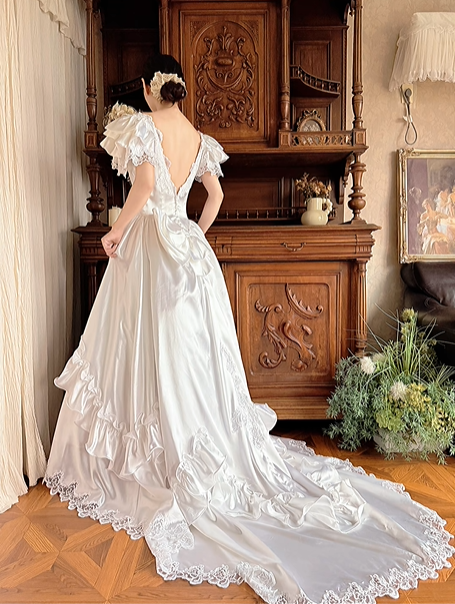 White Satin Vintage V‑Neck Ruffle Puff Short Sleeve Lace Applique Fitted Waist Tiered Ruffle Skirt Prom Gown, Wedding Dress gh8610