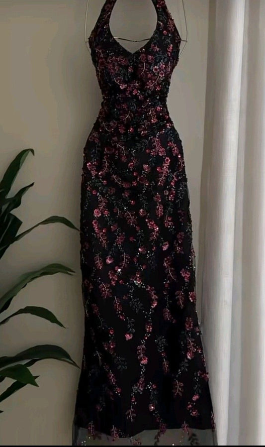 girlhomeshops-Black floral delicate and elegant long tulle gown gh6265