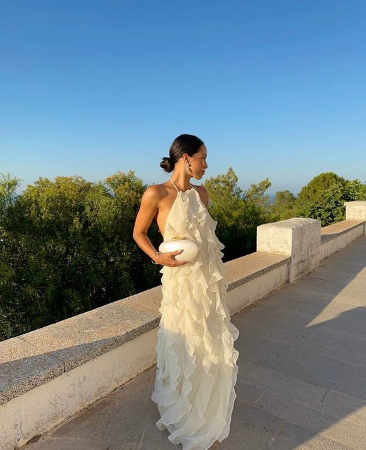 Robe de soirée longue en mousseline de soie à volants et bretelles élégantes blanches gh3052