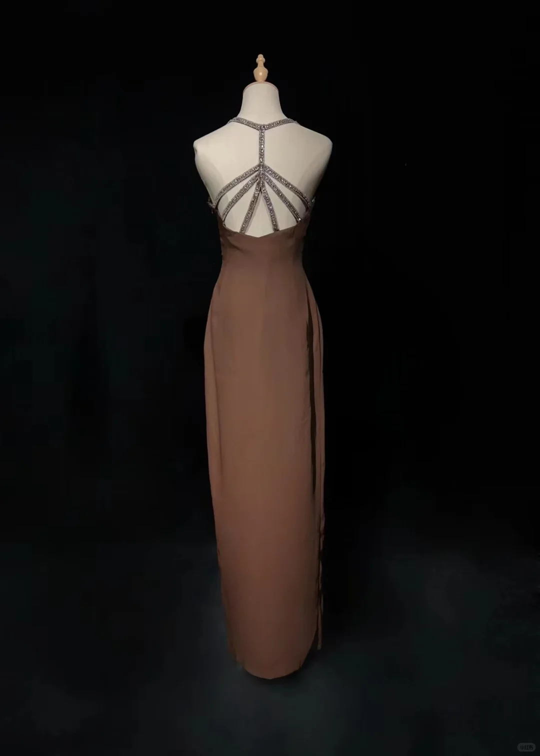 ✨Girlhomeshops-Coffee Spaghetti Strap Beaded Gown High Side Slit Sheath gh10144