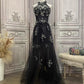 ✨Girlhomeshops-Black floral rhinestone long tulle prom evening gown party dress gh4984