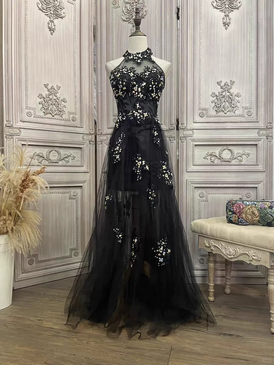✨Girlhomeshops-Black floral rhinestone long tulle prom evening gown party dress gh4984