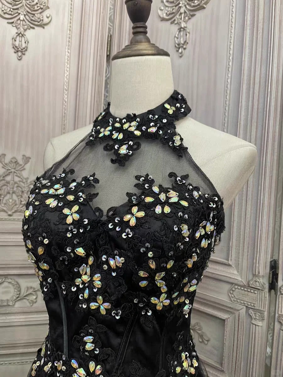 ✨Girlhomeshops-Black floral rhinestone long tulle prom evening gown party dress gh4984