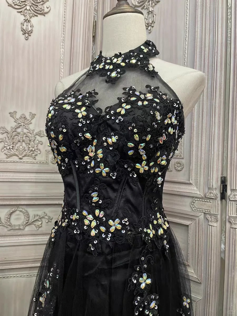 ✨Girlhomeshops-Black floral rhinestone long tulle prom evening gown party dress gh4984