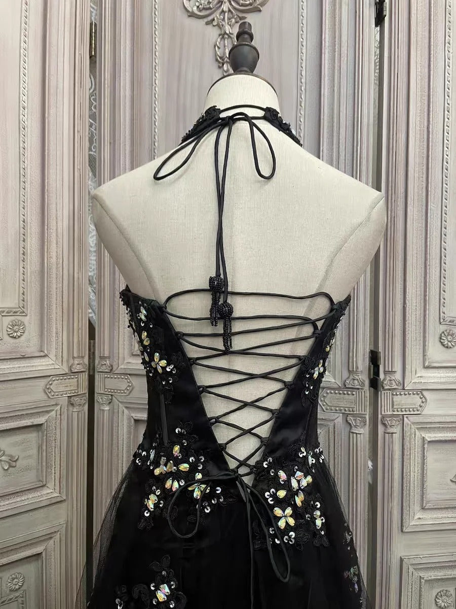 ✨Girlhomeshops-Black floral rhinestone long tulle prom evening gown party dress gh4984