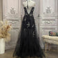 ✨Girlhomeshops-Black floral rhinestone long tulle prom evening gown party dress gh4984