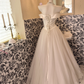 Ivory Off-the-Shoulder Minimalist Waist-Cinched Full Flared Skirt Long Romantic Dress, Wedding Gown gh7739