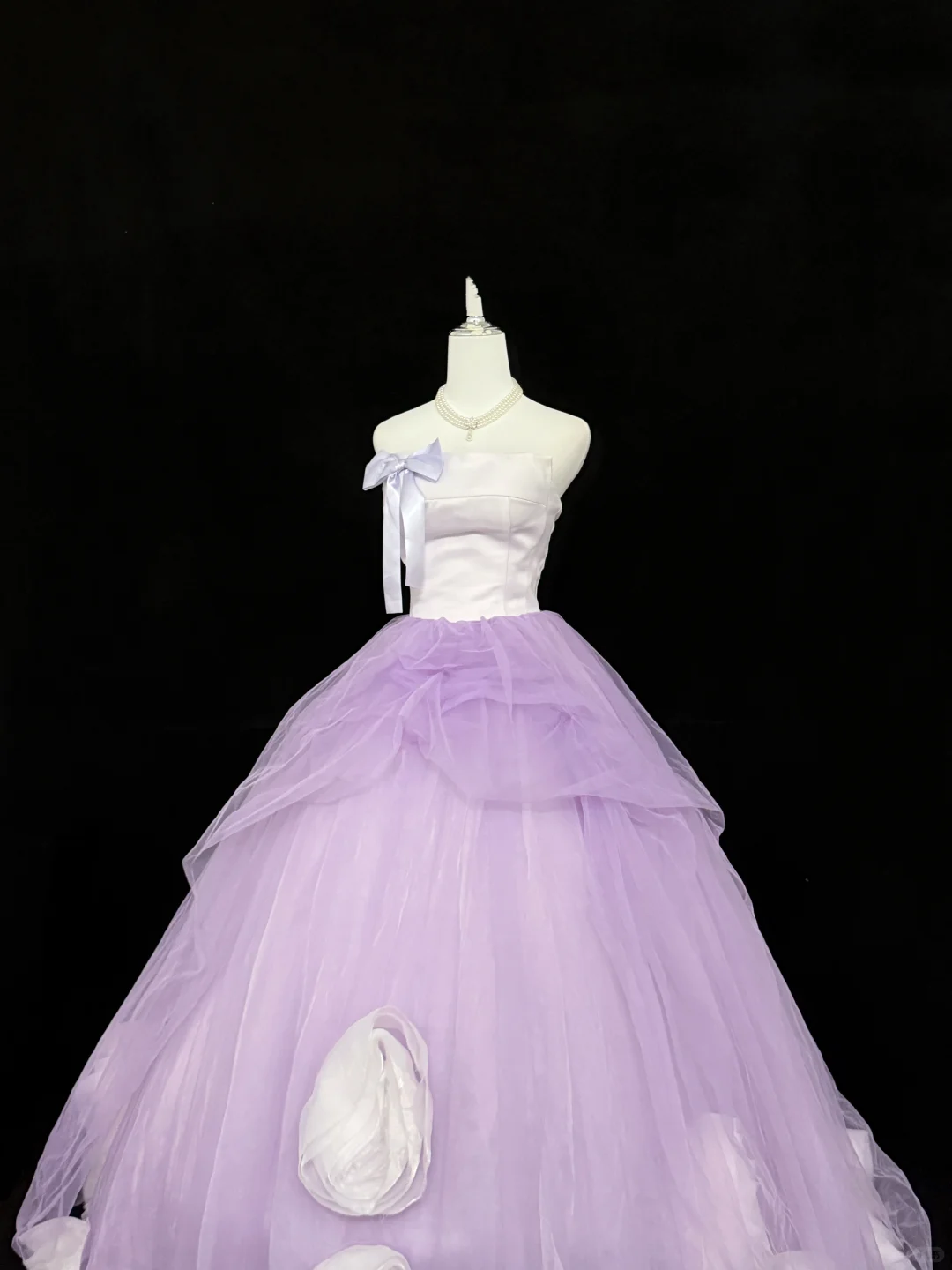 White Strapless Cinched Waist Lavender Voluminous Tulle Skirt Long Romantic Dress, Wedding Gown gh7849