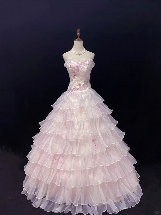 Light Pink Cute Lace Trim Strapless Romantic Gown, Rhinestone Embroidery, Cinched Waist, Voluminous Tiered Skirt, Wedding Dress & Bridal Gown gh8154
