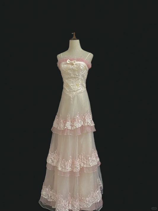 Off-White Spaghetti Strap Long Elegant Romantic Wedding Dress, Embroidered Lace, Cinched Waist gh8335