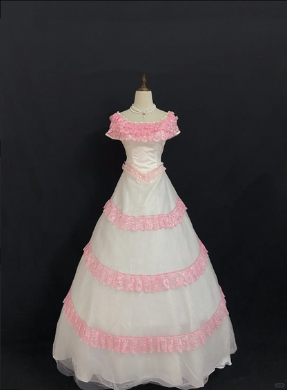 Pink Off-the-Shoulder Long Elegant Romantic Gown, Fitted Waist, Fluffy Princess Skirt, Wedding Dress & Bridal Gown gh8285