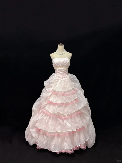Blush Pink Strapless Cinched Waist Voluminous Tiered Princess Skirt Romantic Dress, Wedding Gown gh8070