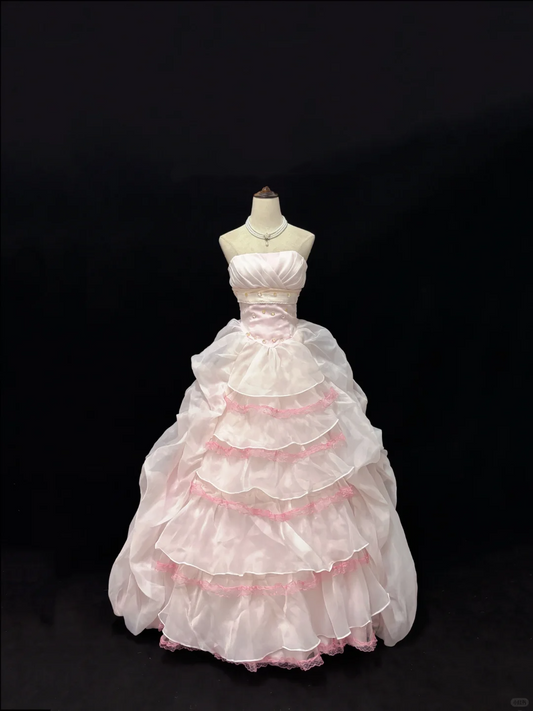 Blush Pink Strapless Cinched Waist Voluminous Tiered Princess Skirt Romantic Dress, Wedding Gown gh8070