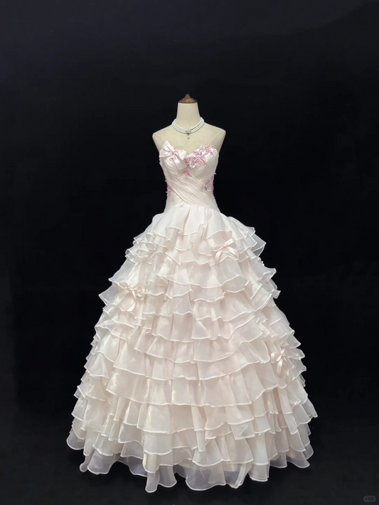 Blush Pink Strapless Cinched Waist Voluminous Tiered Skirt Long Romantic Dress, Wedding Gown gh7974