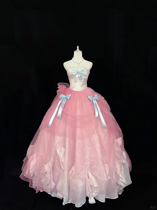 Blush Pink Satin Strapless Cinched Waist Peach Pink Voluminous Skirt Romantic Dress, Wedding Gown gh7934