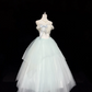 White Satin Strapless Cinched Waist Color Block Sage Green Voluminous Princess Skirt Romantic Dress, Wedding Gown gh7886