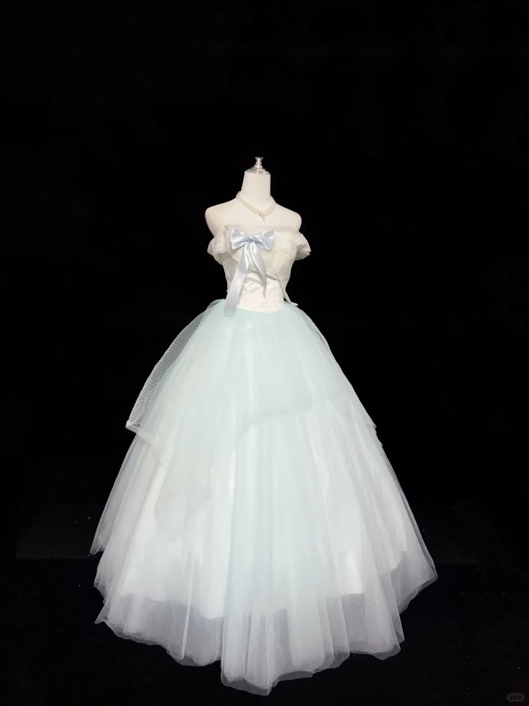 White Satin Strapless Cinched Waist Color Block Sage Green Voluminous Princess Skirt Romantic Dress, Wedding Gown gh7886
