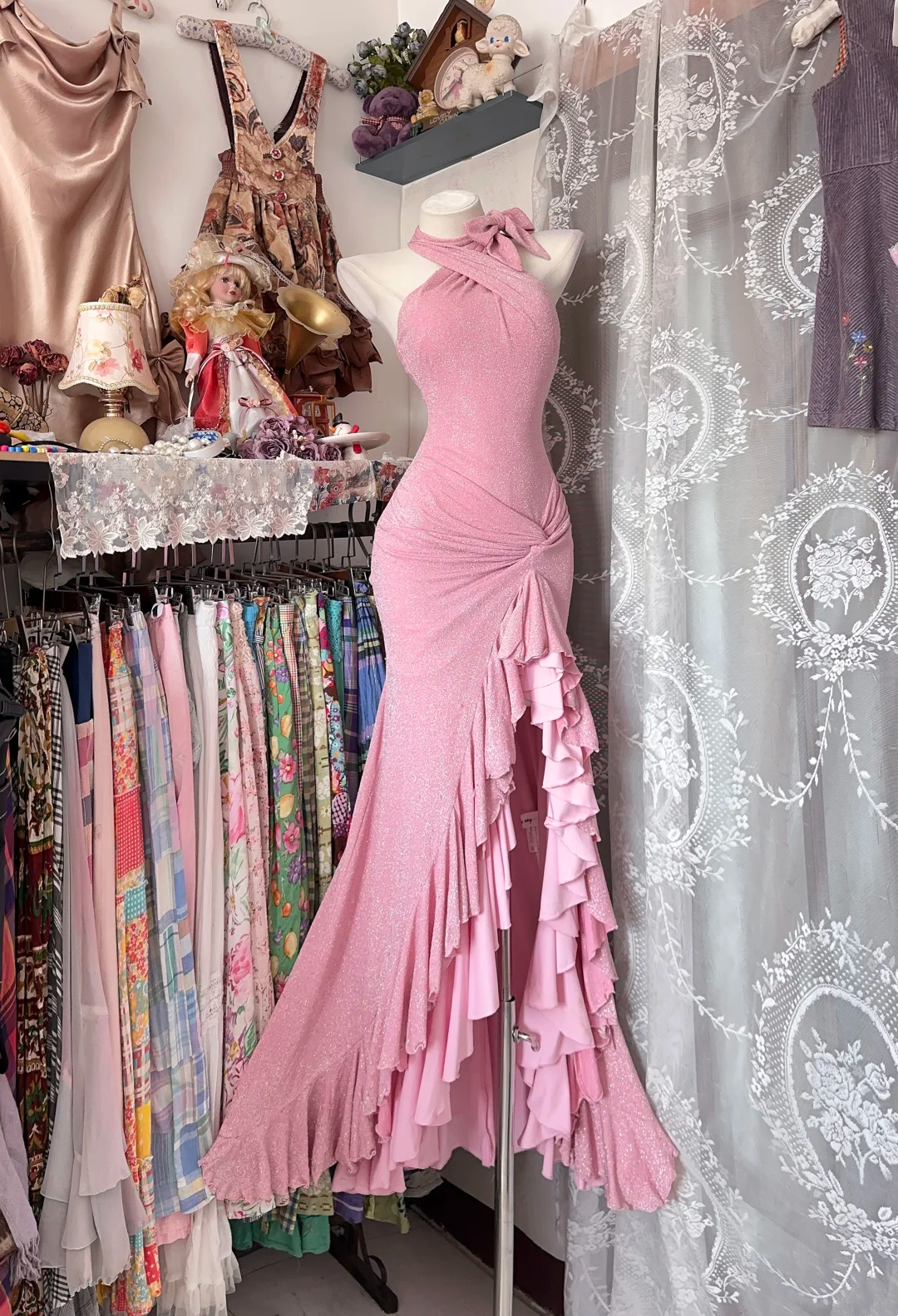 Light Pink Halter Fitted Waist High Split Formal Evening Prom Dress gh7211