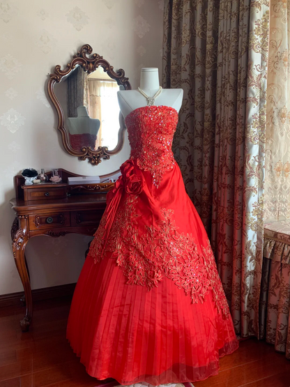 Red Strapless Waist-Cinched Vintage Elegant Prom Dress, Evening Ball Gown, Birthday Party Gown gh7284