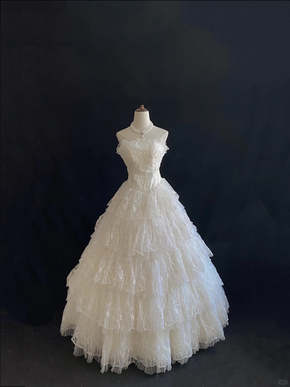 Off-white Strapless Romantic Gown, Embroidered Details, Cinched Waist, Voluminous Tiered Skirt, Wedding Gown gh8109