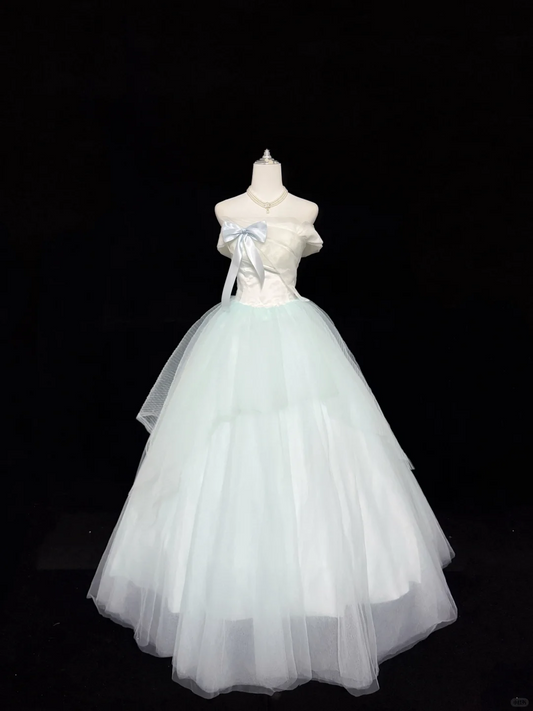 White Satin Strapless Cinched Waist Color Block Sage Green Voluminous Princess Skirt Romantic Dress, Wedding Gown gh7886